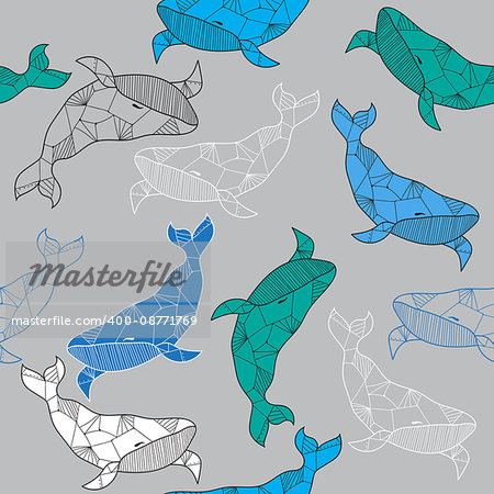 Seamless sea pattern with hand drawn whales - Doodle fish pattern