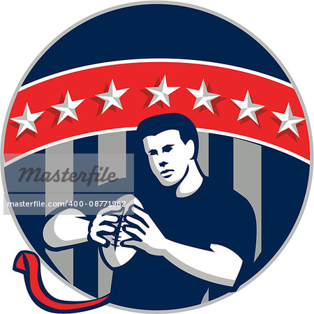 Illustration of a flag football player QB holding ball running set inside circle with stars and stripes in the background done in retro style.
