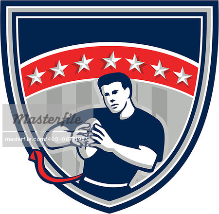 Illustration of a flag football player QB holding ball running viewed from front set inside shield crest with stars and stripes in the background done in retro style.