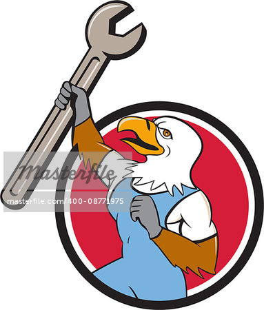 Illustration of a american bald eagle mechanic holding spanner looking to the side set inside circle on isolated background done in cartoon style.