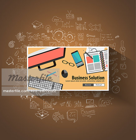 Business Solutions concept wih Doodle design style :finding solution, brainstorming, creative thinking. Modern style illustration for web banners, brochure and flyers.