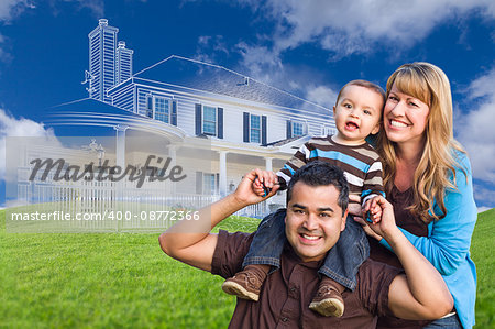 Mixed Race Family with Ghosted House Drawing, Partial Photo and Rolling Green Hills Behind.