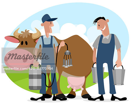 Vector illustration of farmers with cow