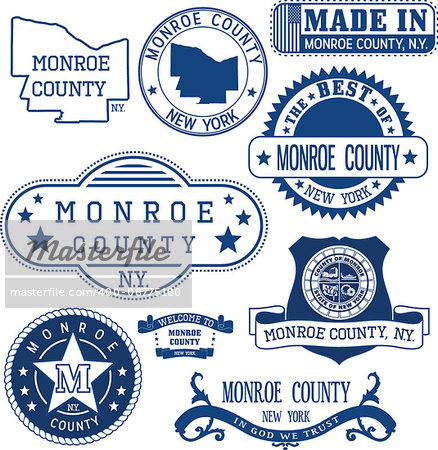 Monroe county, New York. Set of generic stamps and signs including Monroe county map and seal elements.