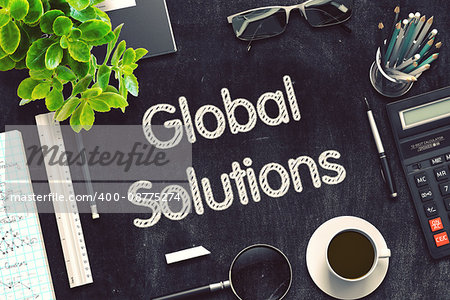 Black Chalkboard with Global Solutions Concept. 3d Rendering. Toned Image.
