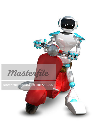 3D Illustration of a Robot on a Red Motor Scooter