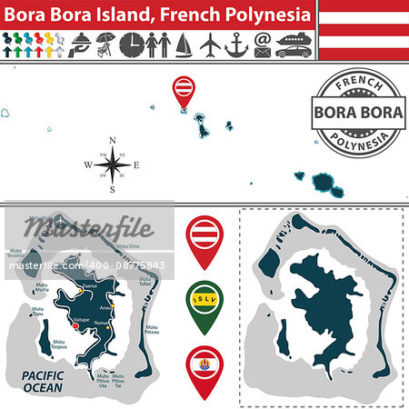 Vector of Bora Bora island in archipelago Society Islands, French Polynesia. Map contains roads and travel icons