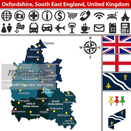 Vector map of Oxfordshire, South East England, United Kingdom with regions and flags