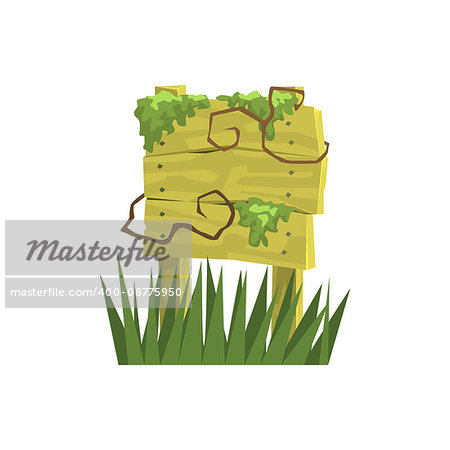 Old Wooden Sign Covered In Vegetation Jungle Landscape Element. Simple Tropical Forest Object Illustration Isolated On White Background.