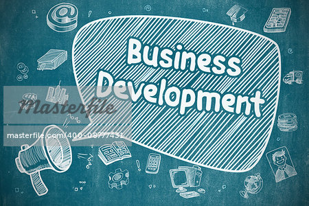 Business Concept. Horn Speaker with Wording Business Development. Cartoon Illustration on Blue Chalkboard.