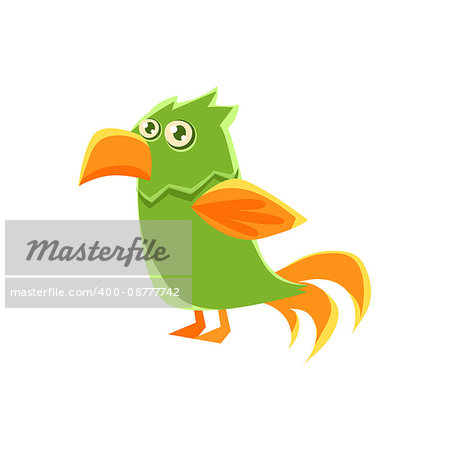 Green Parrot Toy Exotic Animal Drawing. Silly Childish Illustration Isolated On White Background. Funny Animal Colorful Vector Sticker.