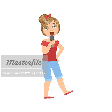 Girl In Breeches Singing In Karaoke. Bright Color Cartoon Simple Style Flat Vector Sticker Isolated On White Background