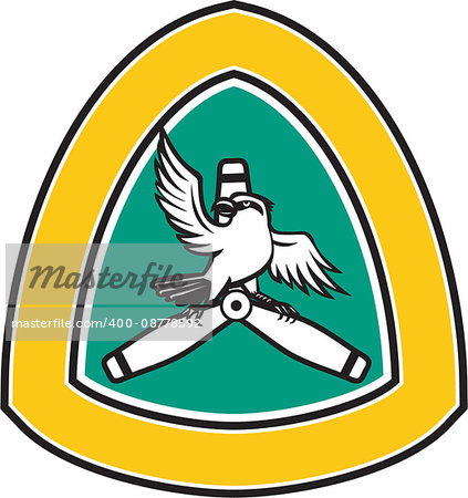 Illustration of a shrike, a carnivorous passerine birds of the family Laniidae perching on a propeller blade looking to the side with spread wings viewed from front set inside shield crest on isolated background done in retro style.