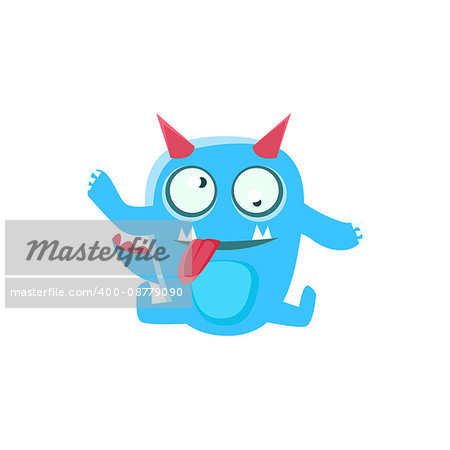 Dizzy Blue Monster With Horns And Spiky Tail. Silly Childish Drawing Isolated On White Background. Funny Fantastic Animal Colorful Vector Sticker.