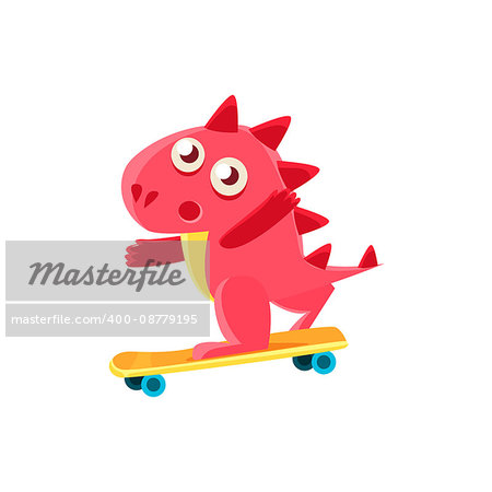 Red Dragon Skatebording Illustration. Silly Childish Drawing Isolated On White Background. Funny Fantastic Animal Colorful Vector Sticker.