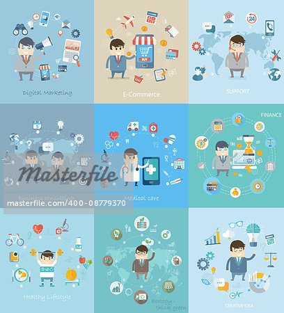 Flat design vector concepts for business, finance, strategic management, natural resources, consulting, digital, commerce, great idea, medical care and healthy stylelife.