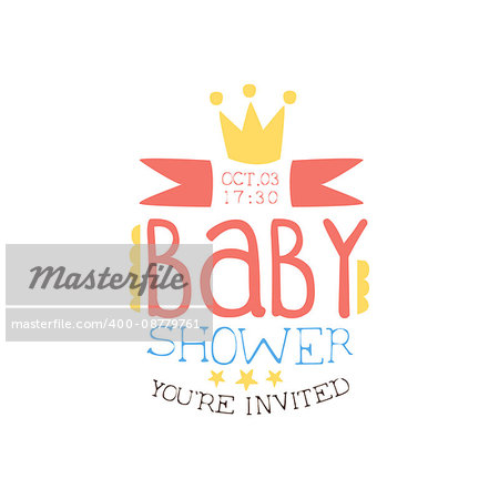 Baby Shower Invitation Design Template With Crown. Calligraphic Vector Element For The Newborn Party Postcard.