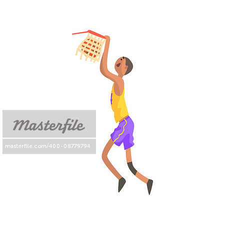 Basketball Player Hanging On Goal Action Sticker. Childish Cartoon Character In Cute Design Isolated On White Background