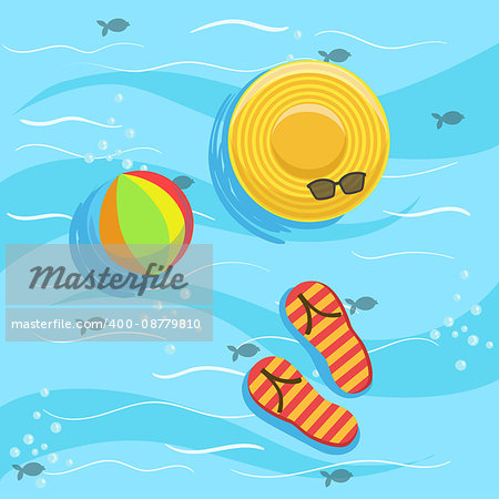 Hat, Flip-Flops And Ball With Blue Sea Water On Background. Beach Vacation Related Illustration Drawn From Above In Simple Vector Cartoon Style.
