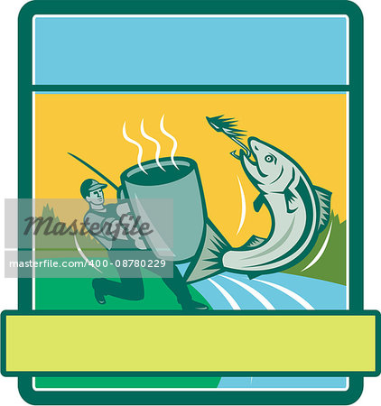 Illustration of a fly fisherman fishing holding mug catching salmon viewed from the side set inside rectangle shape with river sea and trees in the background done in retro style.