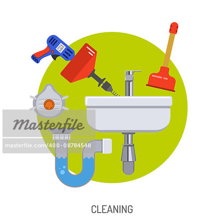 Plumbing Service Concept with cleaning sink and Plumber Tools Flat Icons. Vector illustration.