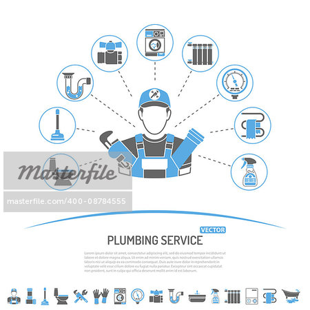 Plumbing Service Infographics like Installation, Repair and Cleaning with Plumber, Tools and Device Two Color Icons. Isolated vector illustration.