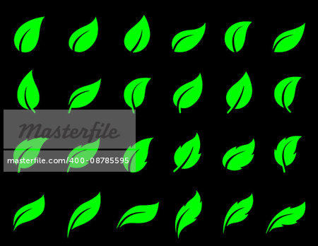 set of abstract green leaf icons on black background