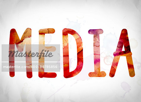 The word "Media" written in watercolor washes over a white paper background concept and theme.