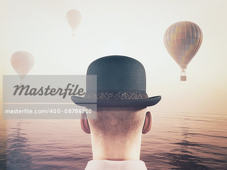 Man wearing a hat and looking at hot air balloons flying through the sky. This is a 3d render illustration