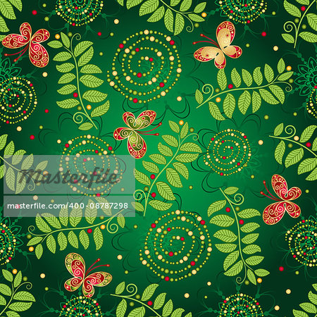 Seamless green gradient pattern with leaves, butterflies and spirals, vector