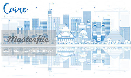 Outline Cairo Skyline with Blue Buildings and Reflections. Vector Illustration. Business Travel and Tourism Concept with Historic Buildings. Image for Presentation Banner Placard and Web Site.