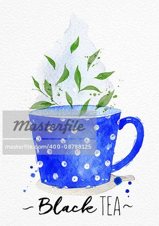 Watercolor teacup with black tea drawing on watercolor paper background