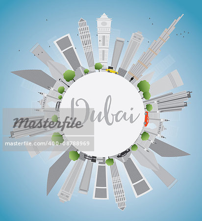 Dubai City Skyline with Gray Skyscrapers, Blue Sky and Copy Space. Vector Illustration. Business Travel and Tourism Concept with Modern Buildings. Image for Presentation, Banner, Placard and Web Site.