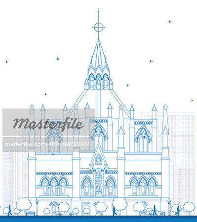 Outline Library of Parliament, Ottawa, Ontario, Canada. Vector illustration. Business Travel and Tourism Concept with Historic Building. Image for Presentation Banner Placard and Web.