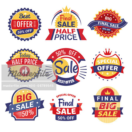 Set of sale tags, badges and labels, vector illustration