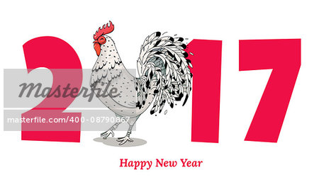 Vector illustration of rooster, symbol of 2017 on the Chinese calendar. Silhouette of red cock, decorated with floral patterns. Vector element for New Year's design. Image of 2017, year of Red Rooster.