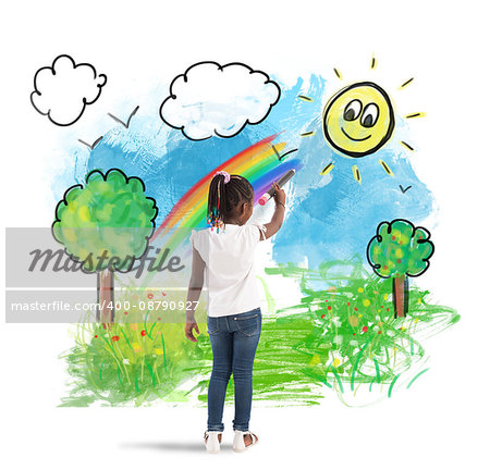 Creative little girl colors with a big pencil a green landscape