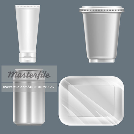 Vector set of silver plastic can with beverage can, food container and tube mockup ready for your design