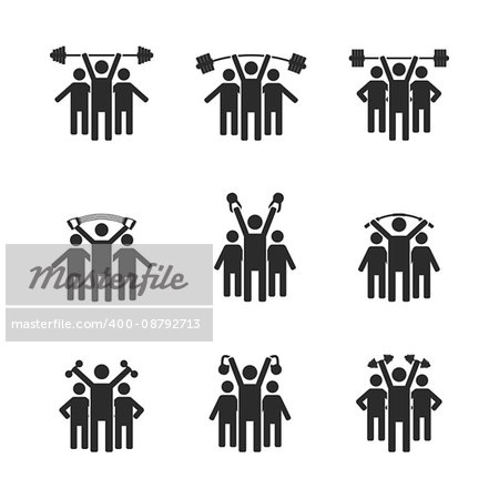 Set of black icons stick figures, silhouettes athletes with sports equipment, people icons, vector illustration.