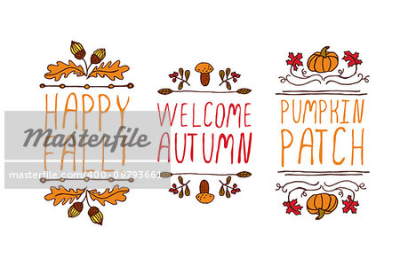 Hand drawn autumn elements with inscription happy fall, welcome autumn , pumpkin patch on white background