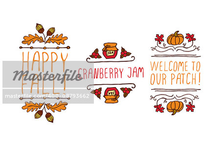 Hand drawn autumn elements with inscription happy fall, cranberry jam, welcome to our patch on white background