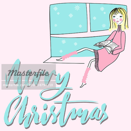 Girl sitting on the window-sil and read book. Merry Christmas lettering. EPS10. Vector illustration.
