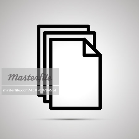 Simple black icon of pile of documents with shadow on light background