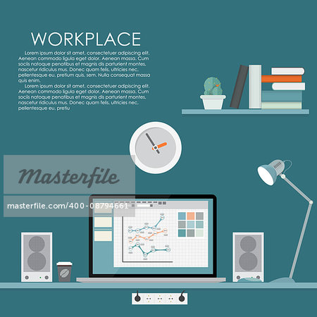 Modern Workplace. Vector illustration. Flat Computing Background Eps10