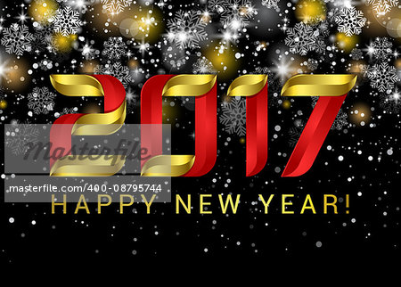 Happy new year 2017. Black space abstraction. Happy new year card. Gold template over black background with golden lights. Vector illustration.