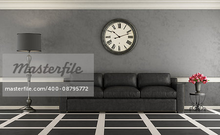 Classic living room with black sofa and gary wall - 3d rendering