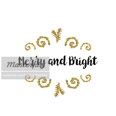 Christmas greeting card on white background with golden elements and text Merry and Bright
