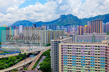 hong kong public estate buildings with landmark lion rock
