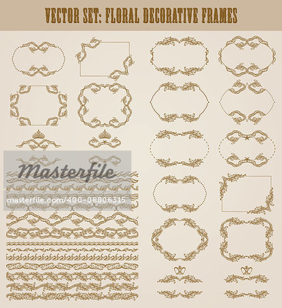 Vector set of decorative hand drawn border, divider, frame with floral elements for design of invitation, greeting, wedding, gift card, certificate, diploma, voucher. Page decoration in vintage style.