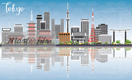 Tokyo Skyline with Gray Buildings, Blue Sky and Reflections. Vector Illustration. Business Travel and Tourism Concept with Modern Architecture. Image for Presentation Banner Placard and Web Site.